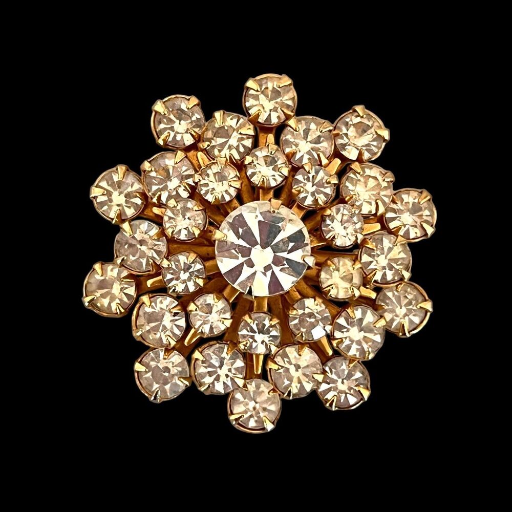 Vintage Clear Rhinestone Brooch Gold Tone Starburst Cluster - 7Y